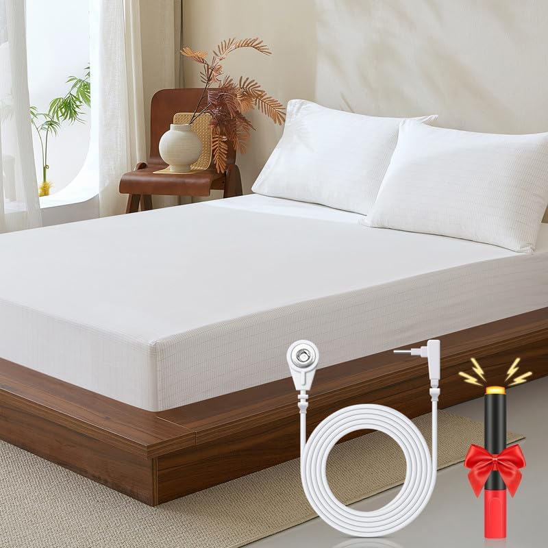 Grounding Sheets Queen, Grounded Bed Sheet 10% Pure Silver Fiber Connected Earth Energy, Fitted Earth Sheets with Grounding Tester-White