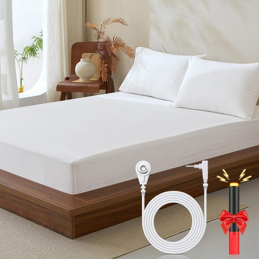 Grounding Sheets Queen, Grounded Bed Sheet 10% Pure Silver Fiber Connected Earth Energy, Fitted Earth Sheets with Grounding Tester-White