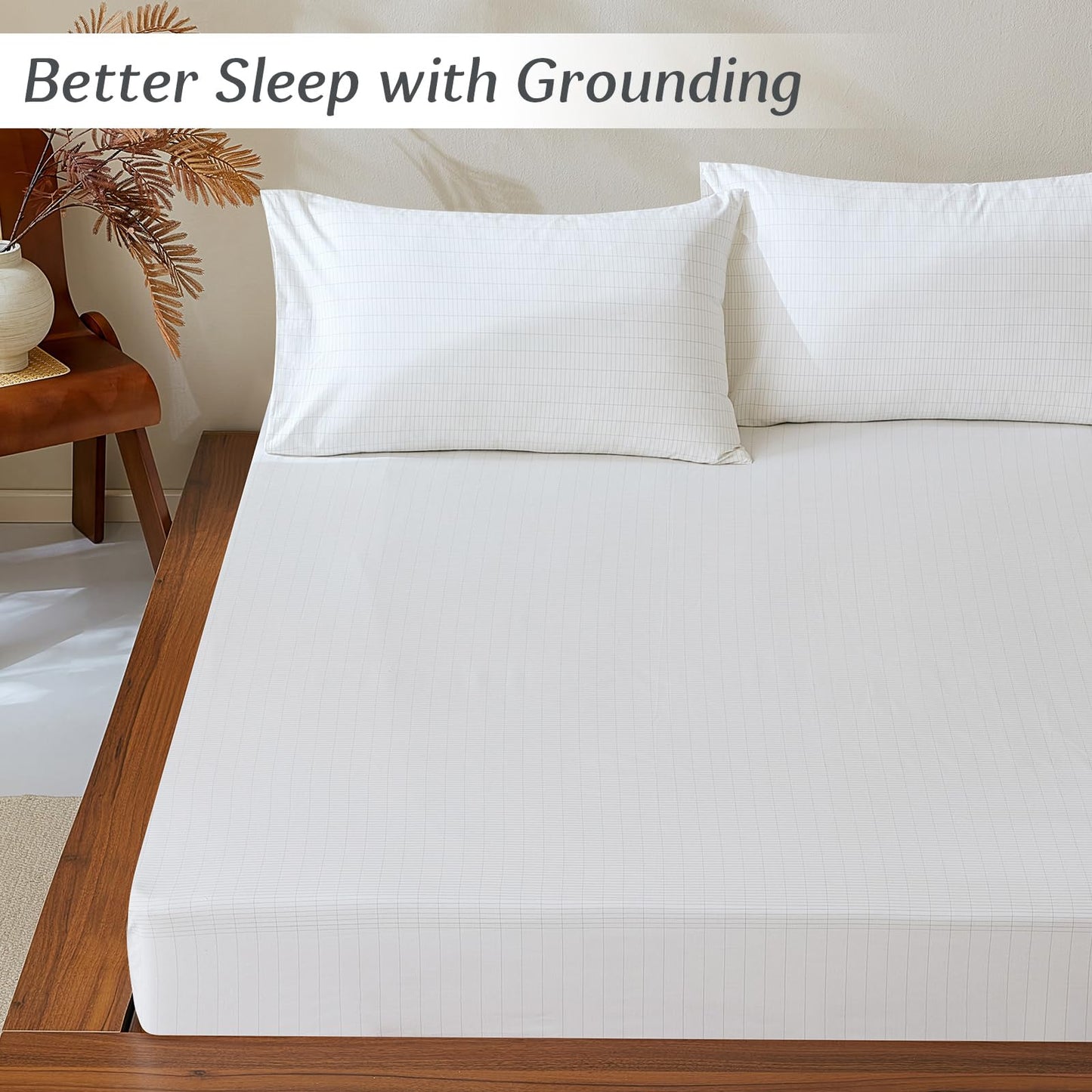 Grounding Sheets Queen, Grounded Bed Sheet 10% Pure Silver Fiber Connected Earth Energy, Fitted Earth Sheets with Grounding Tester-White