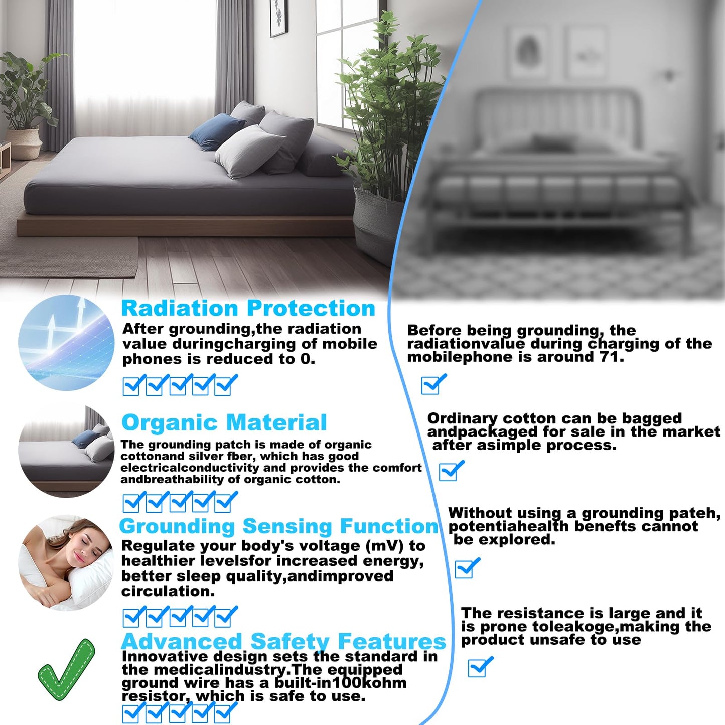 Grounding Sheets King, 90% Organic Cotton+ 10% Pure Silver Fiber,Grounded Bed Sheet Kit, Deep Pocket Grounded Bed Sheet, Relieves Pain - Used for Healthy Sleep Therapy (Gray, King)