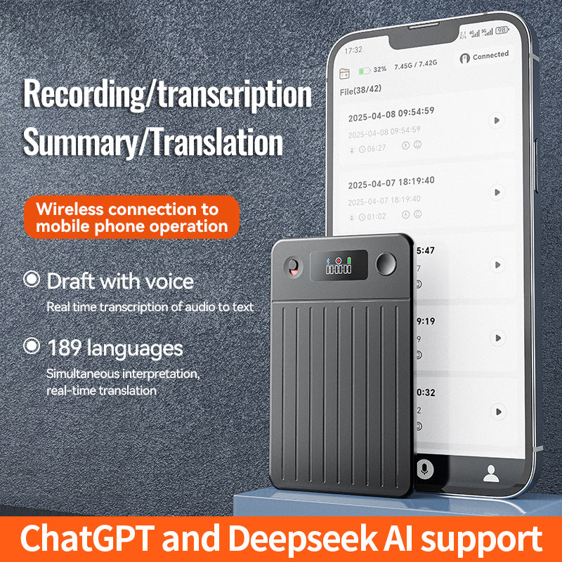 Survivor AI Recorder with display, connected to the app for transcription and translation