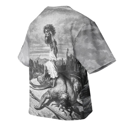David vs Goliath Dore engraving oversized t-shirt – white, back view