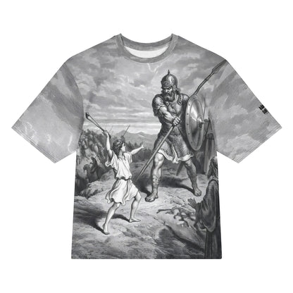 David vs Goliath Dore engraving oversized t-shirt – white, front view