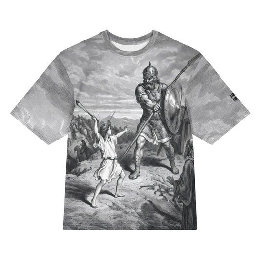 David vs Goliath Dore engraving oversized t-shirt – white, front view