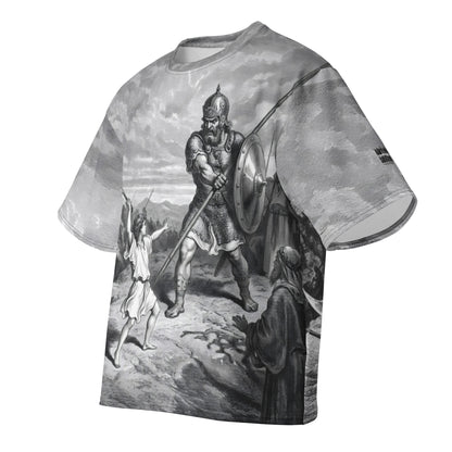 David vs Goliath Dore engraving oversized t-shirt – white, front view (2)