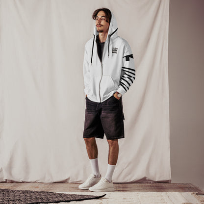 Tefillin Addict Jewish zip hoodie – white, front view (2)