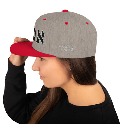 Emet Truth Infinity Hebrew snapback hat – heather grey red, side view