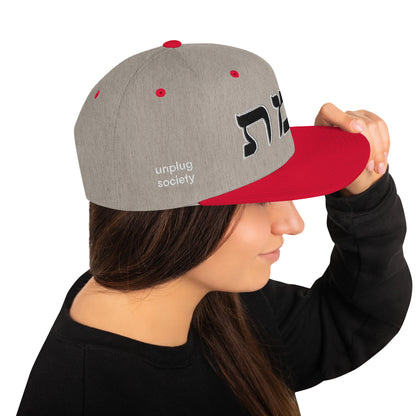Emet Truth Infinity Hebrew snapback hat – heather grey red, side view