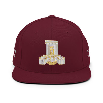Third Temple embroidered snapback hat – maroon, front view