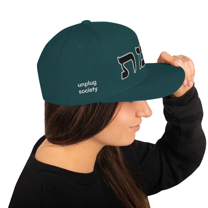 Emet Truth Infinity Hebrew snapback hat – spruce, side view