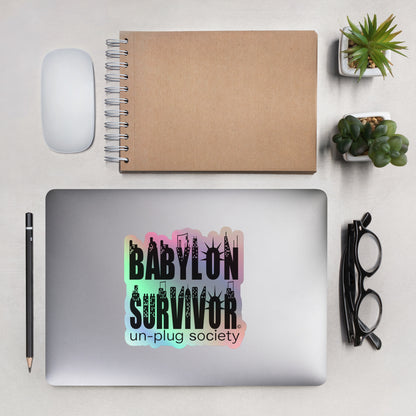 Babylon Survivor holographic sticker – grey, front view (2)