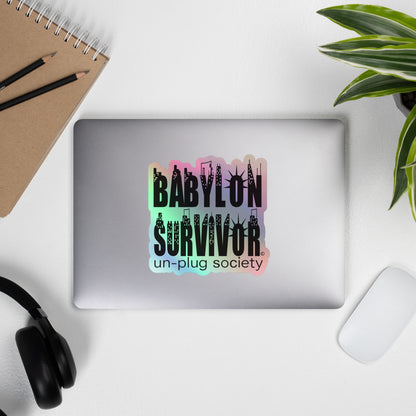 Babylon Survivor holographic sticker – grey, front view