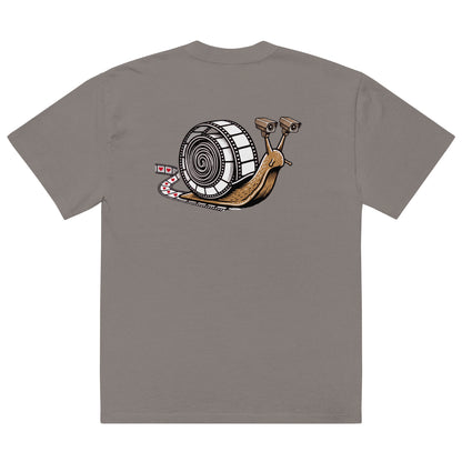 Snail Trail film reel snail oversized faded t-shirt – grey, back view (2)