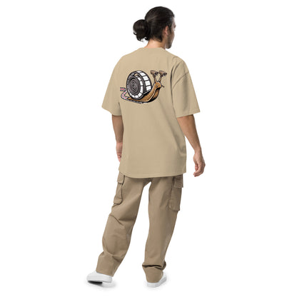 Snail Trail film reel snail oversized faded t-shirt – khaki, back view