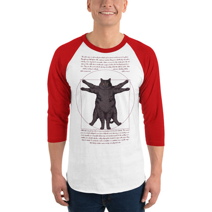 Vitruvian Cat 3/4 sleeve raglan shirt – white red, front view