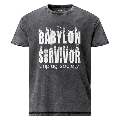 Babylon Survivor logo denim t-shirt – black, front view