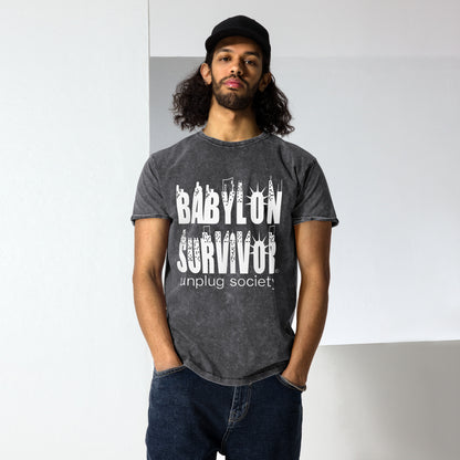 Babylon Survivor logo denim t-shirt – black, front view (2)