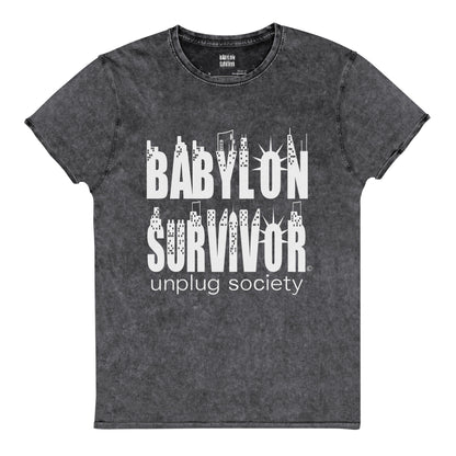 Babylon Survivor logo denim t-shirt – black, front view (4)
