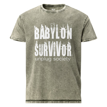 Babylon Survivor logo denim t-shirt – dark army green, front view