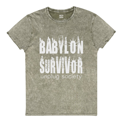 Babylon Survivor logo denim t-shirt – dark army green, front view (2)