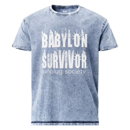 Babylon Survivor logo denim t-shirt – blue, front view
