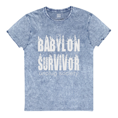 Babylon Survivor logo denim t-shirt – blue, front view (2)