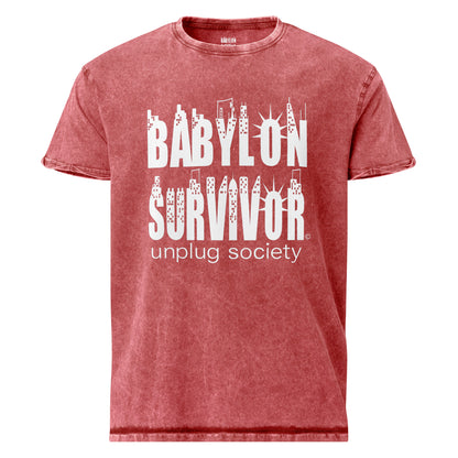 Babylon Survivor logo denim t-shirt – garnet red, front view