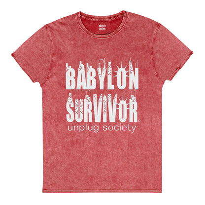 Babylon Survivor logo denim t-shirt – garnet red, front view (2)