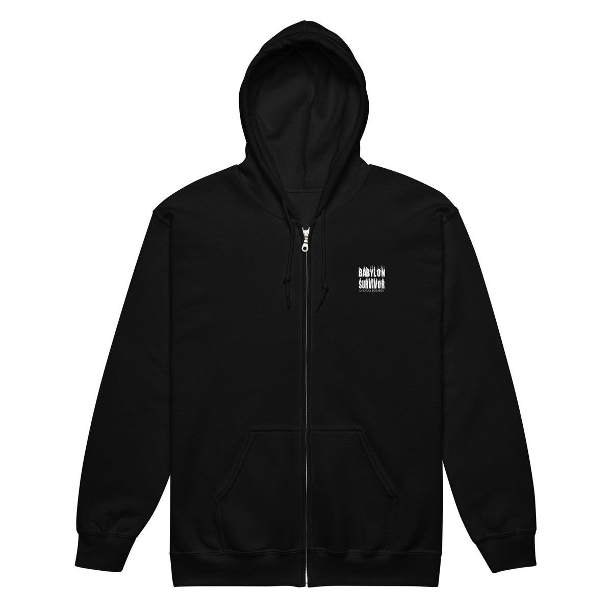 Babylon Survivor heavy blend zip hoodie – black, front view