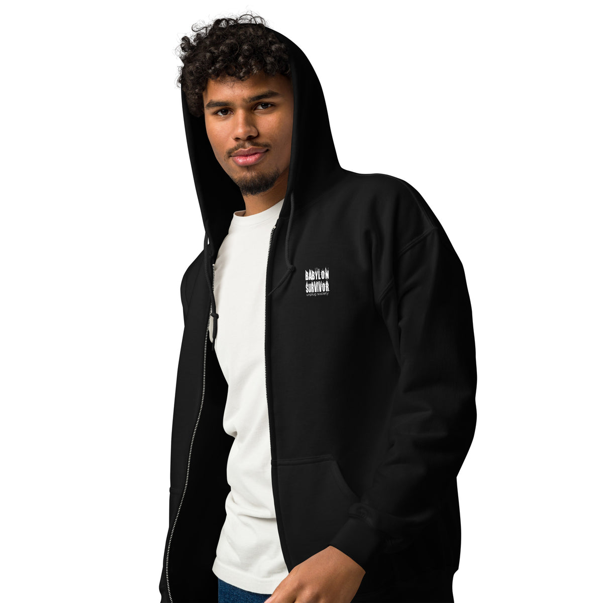 Babylon Survivor heavy blend zip hoodie – black, front view
