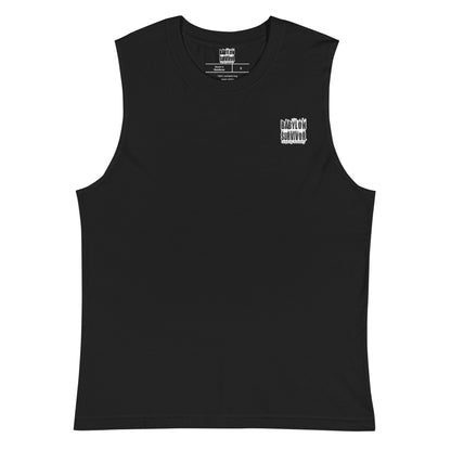 Moses striking the rock at Horeb muscle shirt – black, front view
