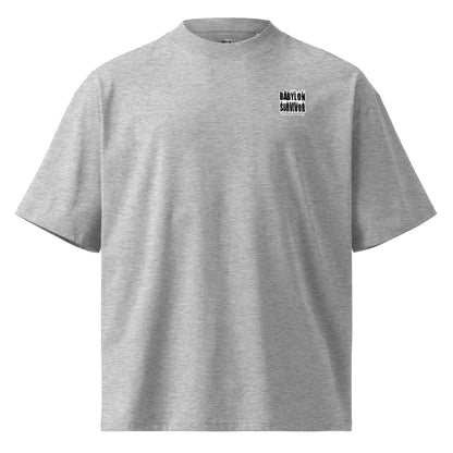 Babylon Is Falling Again organic oversized t-shirt – heather grey, front view