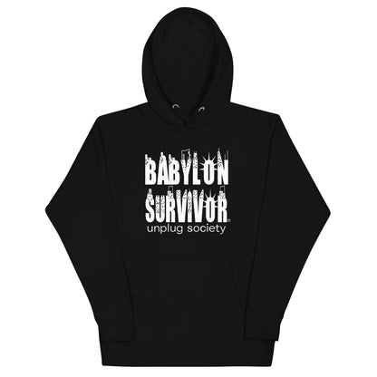 Babylon Survivor BS hoodie – black, front view