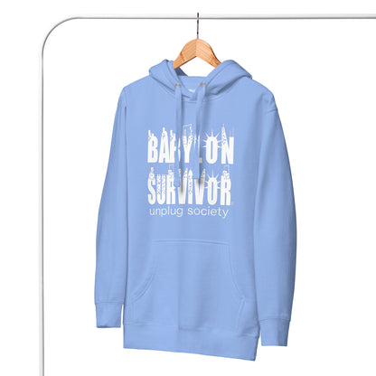 Babylon Survivor BS hoodie – carolina blue, front view