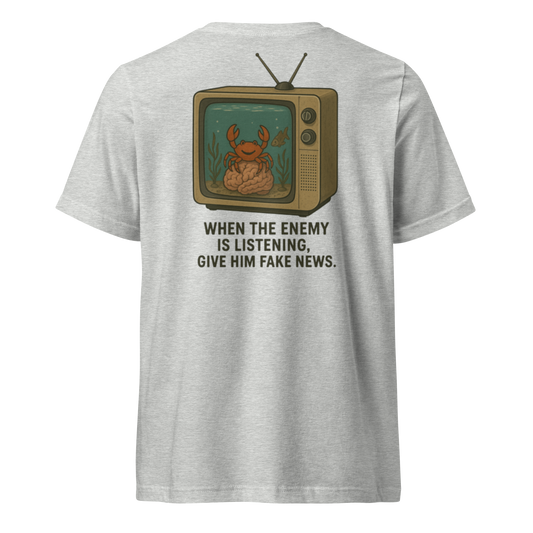 When The Enemy Is Listening Give Him Fake News v-neck t-shirt – athletic heather, back view